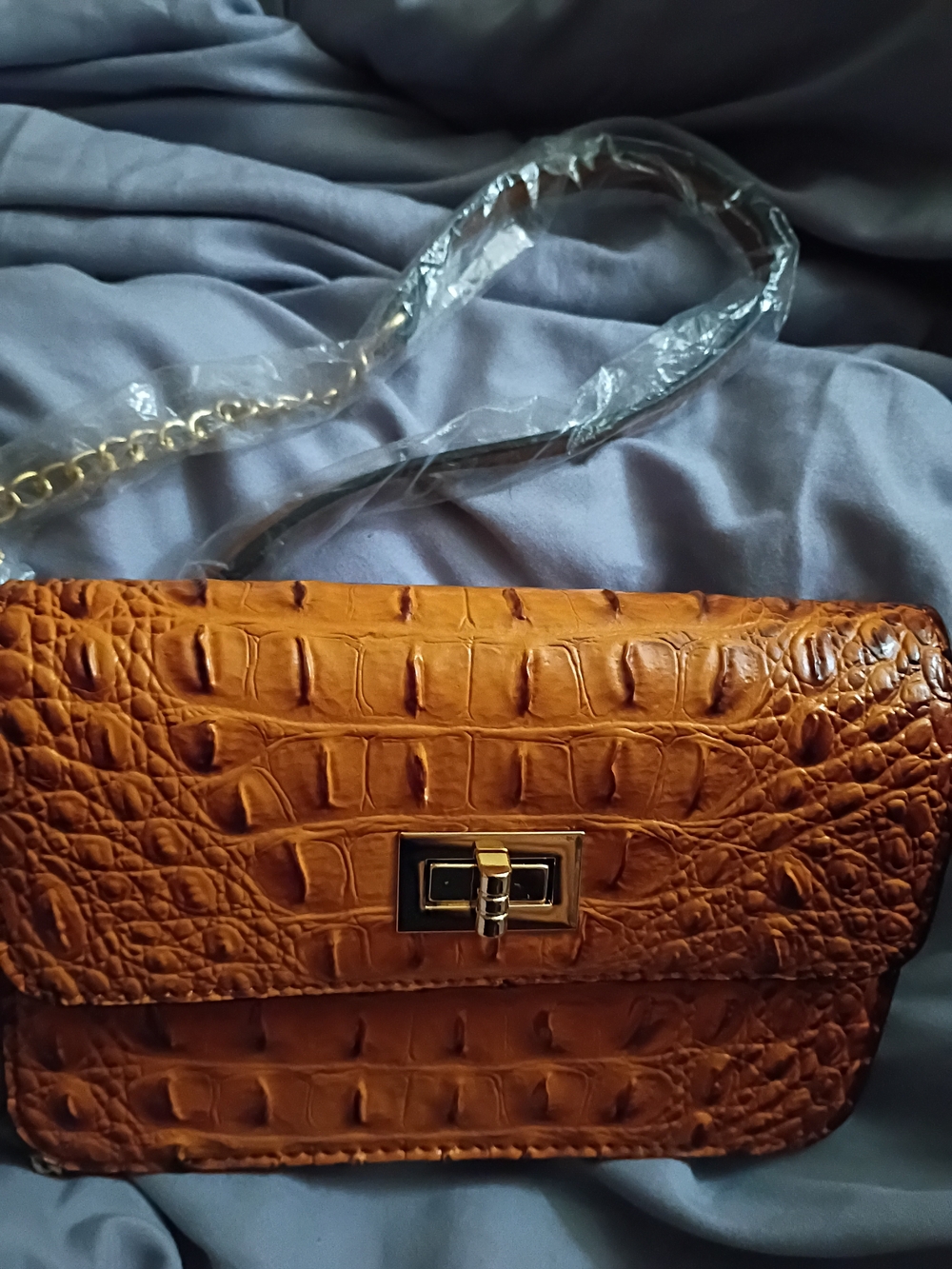 Diophy Women’s Croc-Embossed Leather Shoulder Bag in Tan
